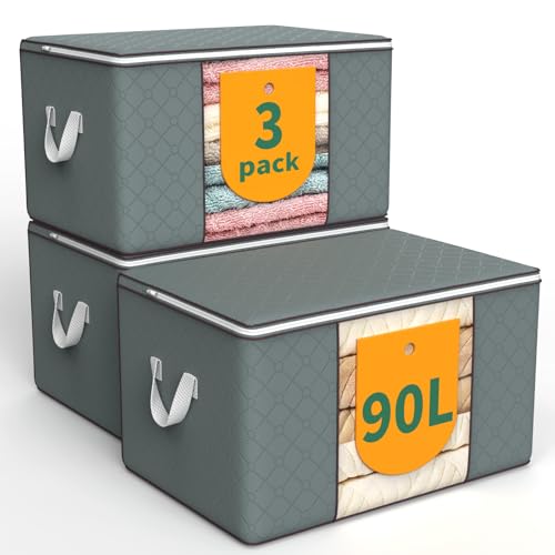 WALL QMER 3-Pack 90L Aufbewahrungsbeutel, Aufbewahrungsboxen mit Deckel, Schrank-Organizer mit Griffen, Faltbare Unter-Bett-Aufbewahrung für Kleidung, Decken, Kissen und Spielzeug, Grau