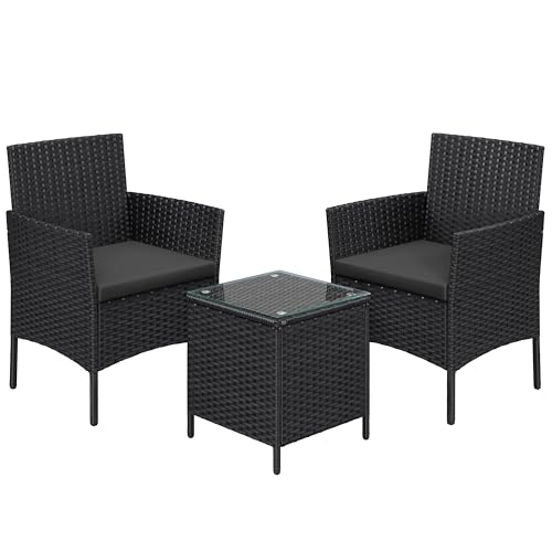 SONGMICS Balkonmöbel, Gartenmöbel-Set, aus PE-Polyrattan, Lounge-Set, Tisch und 2 Stühle, Terrassenmöbel, Outdoor, für Terrasse, Balkon, Garten, schwarz-grau GGF003B02