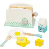 Kinderküche Toaster Set, Holzspielzeug Toaster für Kinder, Pop-up Toaster Holz Spielküche Zubehör, Rollenspiele Kinderspielzeug mit Brotscheiben Butter, Pädagogisches Lernspielzeug Geschenk