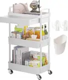 Wuciray 3 Schicht Regal mit Rollen Beistellwagen mit Rollen Rollregal Weiß Putzwagen Friseurwagen Servierwagen Bastelwagen für Kinder Rollwagen Plastik mit Schubladen Aufbewahrungswagen