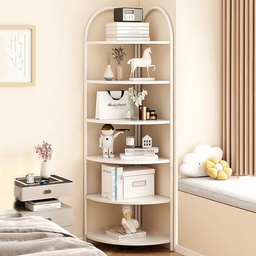 JXYQZD Eckregal, 6-stöckiges Eck-Bücherregal, Offener Eck-Pflanzenständer, Metallrahmen, Einfach zu Montieren, für Kleine Räume, Heimbüro, Wohnzimmer, Schlafzimmer (Color : Wit, Size : W-30cm/12in)