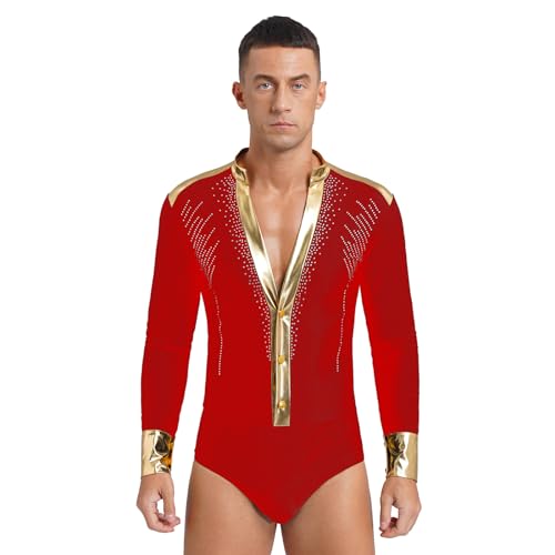 dPois Herren Latein Hemd Langarm Tanzhemd Trikot Oberteil mit tiefem V-Ausschnitt Tango Jazz Tanz Wettberbe Performance Outfits Rot XL