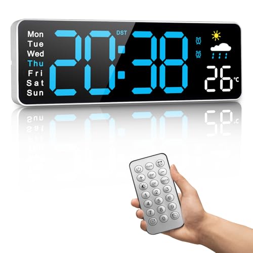 Digitale Wanduhr, 12-Zoll-Digitaluhr mit Fernbedienung, wöchentliche Uhrzeit und automatische Dimmfunktion, Temperatur, Wetterbericht, Timer, für Wohnzimmer/Klassenzimmer/Fitnessstudio/Kirche/Geschäft