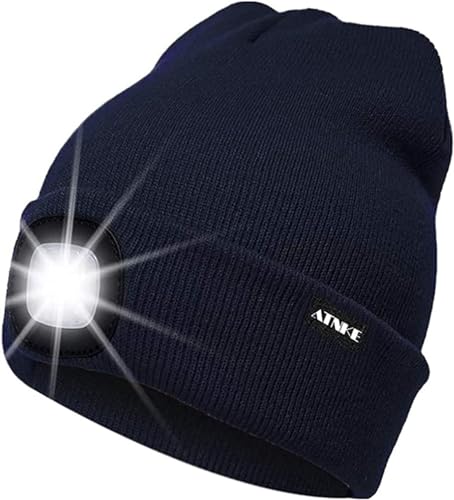 ATNKE LED Beleuchtete Mütze,Wiederaufladbare USB Laufmütze mit Licht Extrem Heller 4 LED Lampe Winter Warme Stirnlampe für Herren und Damen Geschenke/Navy