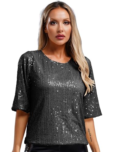 Freebily Damen Pailletten Oberteil Rundhalsausschnitt Glitzer T-Shirt Halbarm Glänzend Party Cocktail Blusen Top Mode Sommershirts Schwarz 4XL