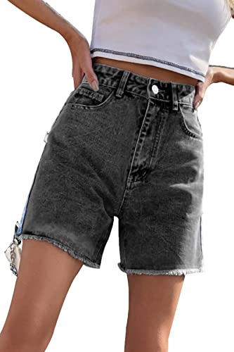 FANGJIN Damen Kurzer Jeans Sommershort Casual Denim Shorts Mittlere Taille Hotpants mit Taschen Jeanshose Grau M