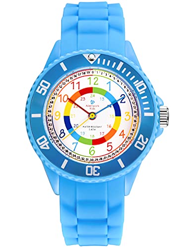 Alienwork Kids Lernuhr Kinderuhr Jungen Mädchen Hellblau Silikon-Armband Mehrfarbig Kinder-Uhr Wasserdicht 5 ATM Zeit Lernen