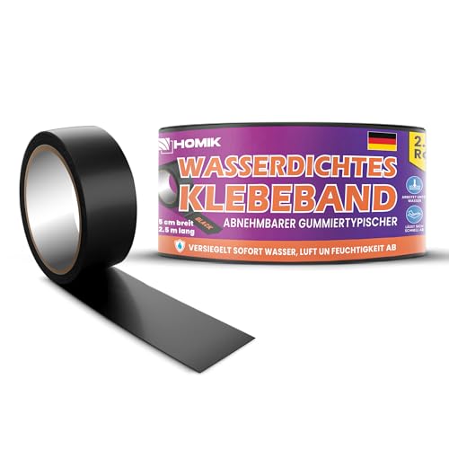 HOMIK Extrem Starkes Wasserdichtes Klebeband Außen & Innen | Dach Reparaturband 5CM x 2.5M | Klebeband UV Beständig | Duct Tape | Selbstverschweißendes Klebeband | Klebeband Schwarz