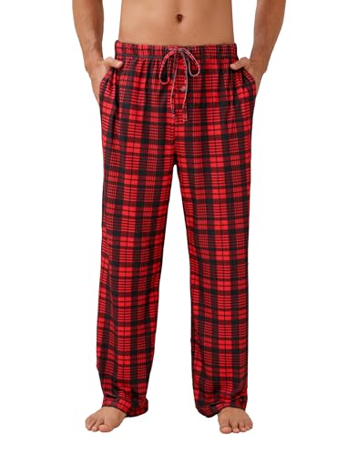 Ekouaer Pyjama für Herren Karierte Leichte Herren Pyjamahose Loungewear und Nachtwäsche Bequeme Schlafanzughosen Lang Schlafhose mit Taschen und Knopfleiste, Rot schwarz XL