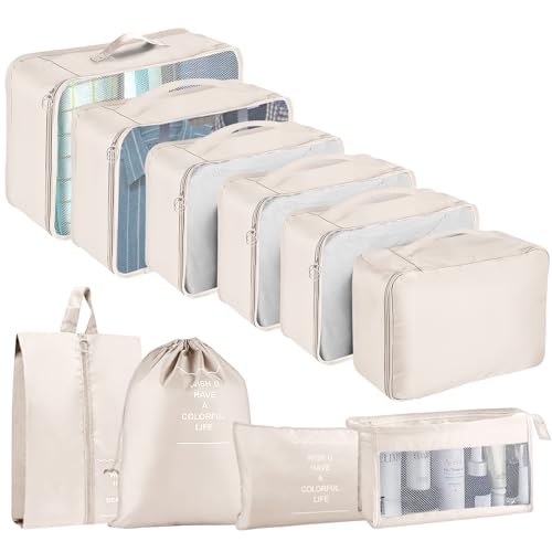 Koffer Organizer Set, 10 Stück Packing Cubes for Suitcase Travel Accessories Kofferorganizer Set Kleidertaschen Packwürfel Kosmetik Travel Organizer Packtaschen für Koffer (Beige)