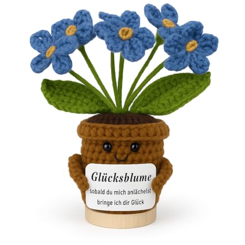 Glücksmoment - DAS ORIGINAL | Handgefertigte gehäkelte Blume | & Glücksbringer | Trostspender, Motivation & Anti Stress | Pocket Hug, Mutmacher, Seelentröster | Emotional Support (blau)