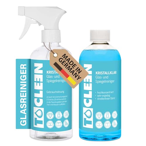 TOCLEEN® 500ml Kristallklar Glas- & Spiegelreiniger + Mischflasche - Fensterreiniger Konzentrat für brillant glänzende und schmutzabweisende Oberflächen