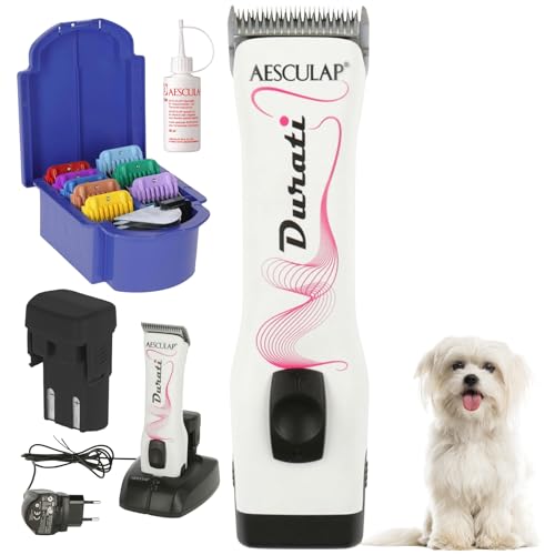 Aesculap Durati Hundeschermaschine weiss mit Aufsteckkamm Set - leistungsstarke Akku Schermaschine - Power Akku für 240 Minuten Scherzeit - Trimmer für Hunde, Katzen & Pfoten