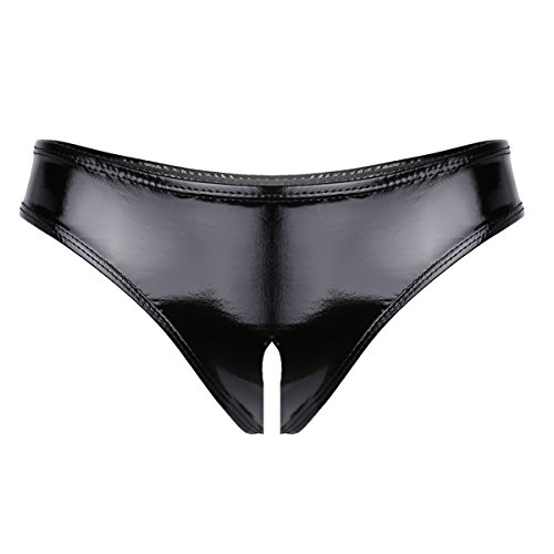 Kaerm Lack Leder Slip Im Schritt Offen Damen Ouvert Unterhose Dessous Low Rise Hot Pants Panty Shorts Erotisch Nachtwäsche Party Clubwear Schwarz M