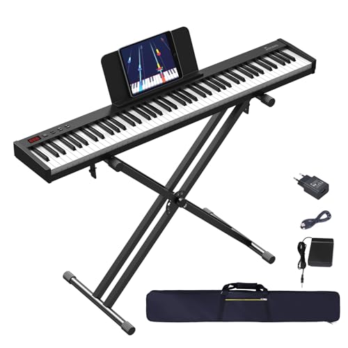 OYAYO 88 Tasten Digital Piano, Halbgewichtetes Anfängerklavier Tragbare E Piano mit Doppel-X-Ständer, Süstain-Pedal, Netzteil und Klaviertasche Elektroklavier für Kinder Erwachsener Geschenk