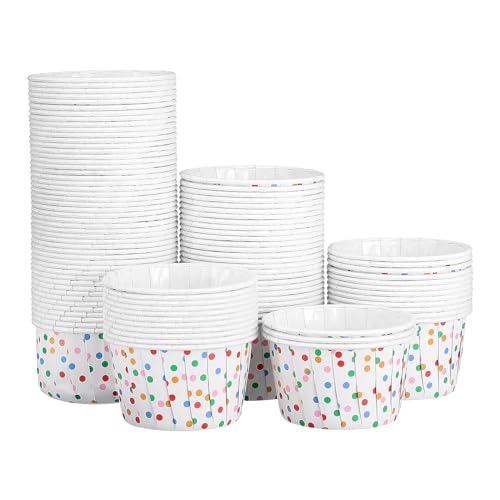 Housoutil 100 Stück Papier-Eisbecher, Einweg-Papier, Kuchen, Backen, Cupcakes, Regenbogen-Punkte-Eisbecher, für Eisbecher, gefrorene Joghurt, Suppe, Geburtstagsparty-Leckereien (6,4 x 6,5 x 4,5 cm)