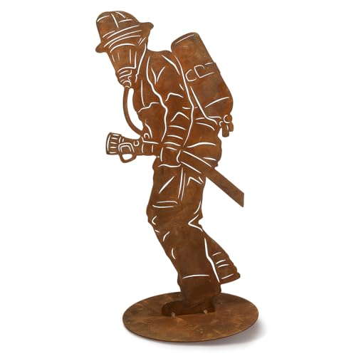 Rostikal Feuerwehrmann Figur Rost - 40 cm - Handgefertigte Edelrost Feuerwehr Deko aus Metall - Wetterfeste Gartendeko für Garten, Balkon, Wohnzimmer - Geschenkidee für Feuerwehr-Fans