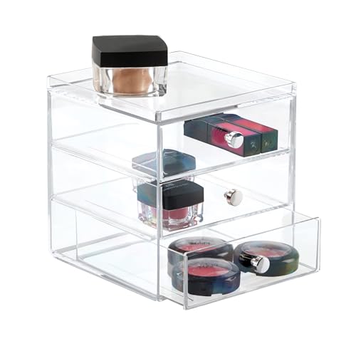 iDesign Schubladenbox für Kosmetik, kompakter Make-Up Organizer mit 3 Schubladen aus Kunststoff, stapelbarer Schubladenturm für Schminke, Kosmetika & mehr, durchsichtig