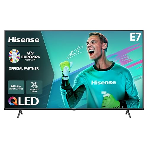 Hisense 65E7NQ 164 cm (65 Zoll) Fernseher, 4K UHD, QLED, HDR10, HDR10+ decoding, HLG, Dolby Vision Atmos, 60Hz Panel, Smooth Motion, Bluetooth, Alexa Built-in, VIDAA Voice, Schwarz [2024]