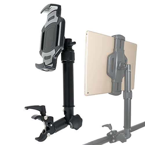 PHOTECS® Tablet-Halterung Pro V4-K2, höhenverstellbar mit Kniegelenk, für iPad Pro und andere Tablet-PC´s (von 6" bis 14 Zoll) an Rudergerät, Heimtrainer, Ergometer-Lenker, Kommissionierwagen etc.