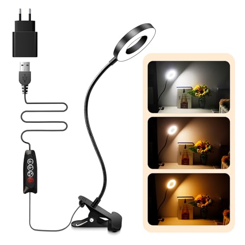 Akynite Klemmlampe Bett mit USB Adapter, 48 LED Schwanenhals Lampe, 3 Farbmodi 10 Helligkeit, Flexibel Leselampe Bett Klemmbar, Bettlampe Klemme, Lampe USB Klemmleuchte Schwarz