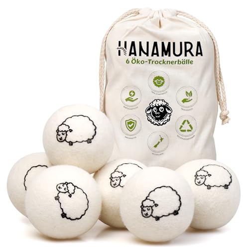 Hanamura Trocknerbälle für Wäschetrockner - 6er-Satz aus 100% neuseeländischer Schafwolle, XXL ökologische trocknerbälle daunen - Mit Aufbewahrungstasche