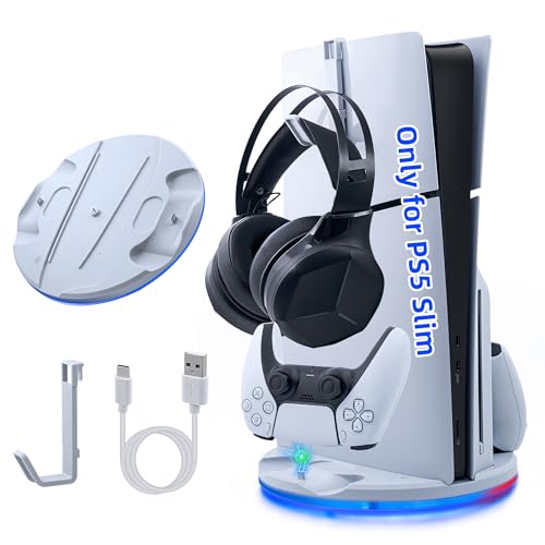 Tolesum Vertikale Standfuß nur für PS5 Slim, LED Base Station für PS5 Dual Controller Ladestation Dock mit Headset Halterung für PS5 Slim Disc and Digital Editions -Nicht für PS5/PS5 Pro