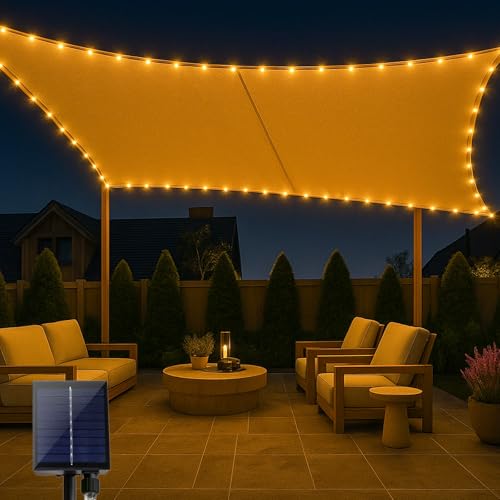 ABIUBIU wasserdichte-Sonnensegel 3x4m mit eingebauter LED-Solar-Lichterkette, 98% UV-Schutz, reiBfest, wetterfest, für Terrasse-Garten-Terrasse-Rasen