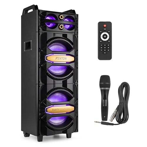 Fenton LIVE2102 - Partybox Bluetooth, Karaoke Maschine, Musikbox Bluetooth Groß, Karaoke Anlage mit Mikrofon und Fernbedienung, MP3-Player und LED Partylicht, SD, USB - Schwarz