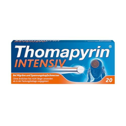 Thomapyrin INTENSIV Schmerztabletten bei Migräne & intensiveren Kopfschmerzen | 20 Stk |Hochdosierte 3-fach Kombination aus ASS, Paracetamol und Coffein | Wirkt 20 min schneller als Ibuprofen 400 mg