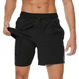 Arcweg Badehose für Herren mit Kompression Liner 2 in 1 Atmungsaktiv Badeshorts Männer Elastisch Trainingsshorts Verstellbar Tunnelzug mit Reißverschlusstaschen Schwarz XL