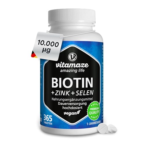 Biotin hochdosiert 10.000 mcg + Selen + Zink für Haarwuchs, Haut & Nägel, 365 vegane Tabletten für 1 Jahr, Nahrungsergänzung ohne Zusatzstoffe, Made in Germany