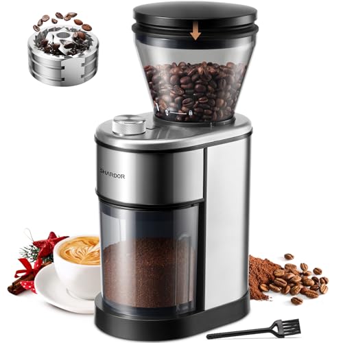 SHARDOR KaffeemüHle Kegelmahlwerk, Mit 30 PräZisen Mahlgradeinstellungen FüR, KaffeemüHle Voll-Edelstahl, 160g BohnenbehäLter, Espresso/ÜBergießEn/Moka Kaffee/French Press/KaltbrüHe 150W