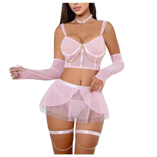 SRZYMJ Dessous Damen Sexy Unterwäsche, Dessous Sexy Damen Negligee Dessous Kleid Strapsen Dessous Set Nachtkleid mit G-String Reizwäsche Sleepwear Spitze Babydoll Nachtwäsche Rosa L 1072C