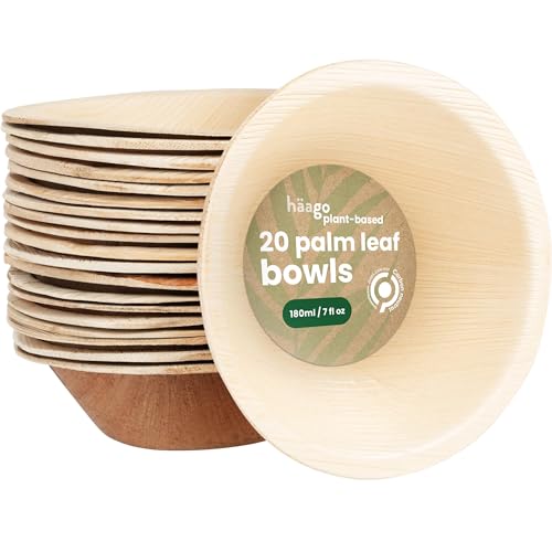 HAAGO Palmblattschalen (450ml, quadratisch) Kompostierbar & Einweg - Umweltfreundliches Picknick- & Outdoor-Geschirr - Gefrierschrank- & Mikrowellenfest (Rund 13 x 4 cm / 180 ml, 40)