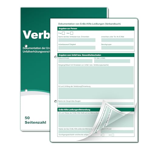BEIMEIII 1 Stück Verbandbuch A5 Erste Hilfe Meldeblock 50 Seitenzahl Gelocht Verbandbuch Kita für Betriebe 2025 Verbandbuch Abreißblock Heraustrennbare Seiten Unfallbuch für Gewerbe Arbeit Büro