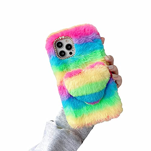 Tivenfezk Nadoli für Samsung Galaxy A55 5G Fluffy Furry Case,Stilvoll Regenbogenfarben Entwurf Glitzer Diamant Plüsch Weich Silikon Stoßfest Handyhülle Schutzhülle mit Liebe Herz