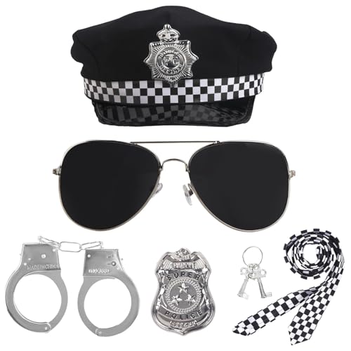Kitimi 5 Stück Polizei Kostüm Zubehör, Polizei Spielzeug mit Polizei Handschellen Polizeiabzeichen für Erwachsene und Kinder, Polizei Ausrüstung für Karneval Halloween Mottoparty Cosplay