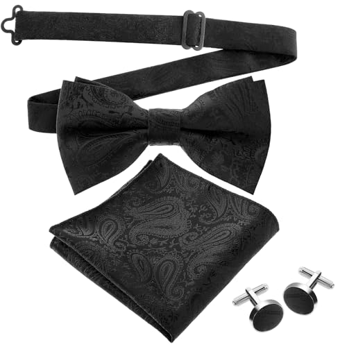 Lusofie Fliege mit Einstecktuch Schwarz Seide mit Manschettenknöpfe Herren Fliege Paisley Schwarz Krawatte Jacquard Einstecktuch Bow Tie Manschettenknöpfe Set Männer Silvester Flie