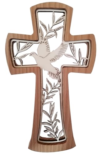 Kaltner Präsente Geschenkidee - Wandkreuz Echt Buche Holz Kreuz Kruzifix für die Wand 20 cm modern Taube Friedenstaube
