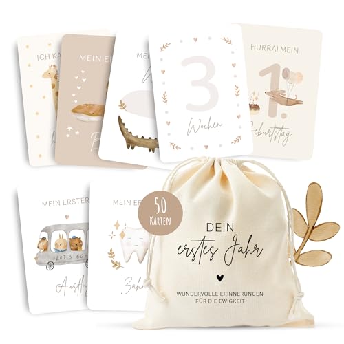 MeinBaby123® Meilensteinkarten "Dein erstes Jahr" | Meilenstein Karten Set Geschenk zur Geburt | Fotokarten für das erste Jahr | 50 Karten Inkl. Baumwollsäckchen(beige boho)