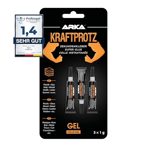 3x 1g Sekundenkleber extra stark - Inkl. Anti-Austrocknungs-Spitze - KRAFTPROTZ - Dickflüssiger Superkleber - Universell verwendbar zum Kleben von Plastik, Kunststoff, Glas, Holz, Stein, Metall uvm.