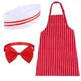 Vifcotlyp 3PCS Schürze Und Kochmütze Set, Koch Outfit Erwachsene Einstellbar Lätzchen Schürze Mit Taschen Rot Und Weiß Gestreift Halter Schürze Kochen Und Backen Schürze Für BBQ Küche Gartenarbeit