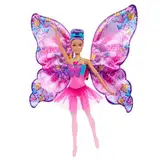 Barbie Tanz und Flatter Puppe mit 2-in-1-Verwandlung von der Tänzerin zum Schmetterling mit sich öffnenden Flügeln, violetten Haaren, Haarschmuck und abnehmbarem Tutu, HXJ10