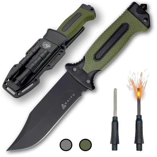 Naifu® Survival Messer Feststehendes Jagdmesser 12,5CM aus Edelstahl (3CR13) – Rambo Messer Eingebautes Feuerzeug und Schärfer Bushcraft Messer Outdoor