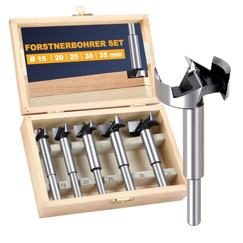 Forstnerbohrer Set, 5tlg Großes Wolframstahl Forstnerbohrer, Forstner Bohrer mit Zentrierspitz, Holzbohrer Set mit Aufbewahrungskoffer, für Holz & Hartholz, inkl. Ø 15/20/25/30/35 mm, Länge 88 mm