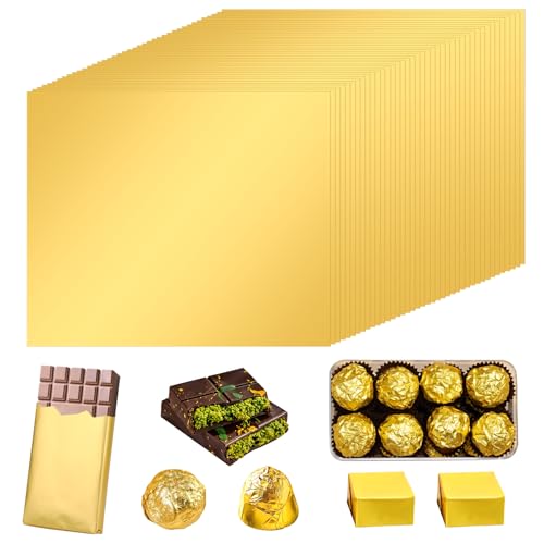 19 x 16cm 100 Stück Folie Papier Wrapper Goldene Aluminiumfolie Schokolade Verpackungen Bonbonpapier aus Folie Quadratisch Goldfolie Bonbonpapier für DIY, Dubai Schokolade, Süßigkeiten und Pralinen