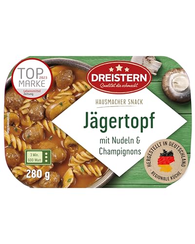 DREISTERN Jägertopf 280g I Mit Champignons & Nudeln I Herzhaftes Fertiggericht in Mikrowellenschale I Lange Haltbarkeit dank natürlicher Konservierung I Hausmacher Qualität