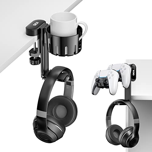 KDD Headset Halterung mit 360° Drehbarem Kopfhörer Halter - 3 in 1 Controller Halter & Ersetzbarer Getränkehalter Tisch, Universal Kopfhörer Ständer für die meisten Headset, Controller, Becher