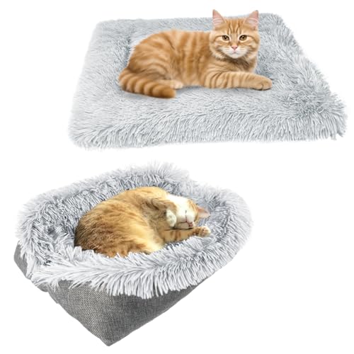 VERTUPET 2-in-1 Flauschiges Katzenbett und Kissen, Weiches Waschbares Haustiersofa für Katzen und Kleine Hunde Faltbar Komfortabler Schlafplatz für Haustiere(Anzahl 1)